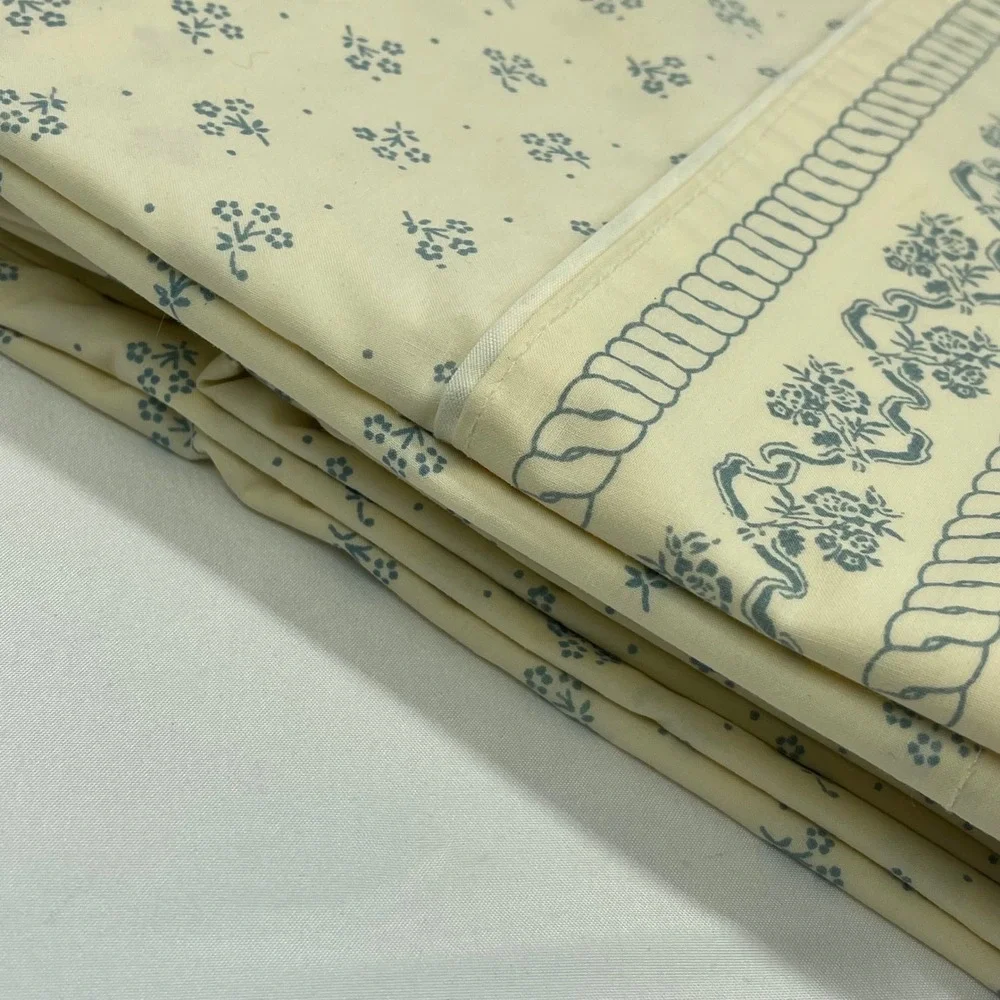 Vintage Laura Ashley Queen Flat Sheet Cream Blue USA Made